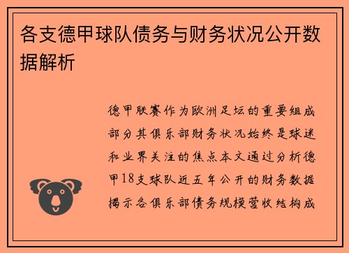 各支德甲球队债务与财务状况公开数据解析